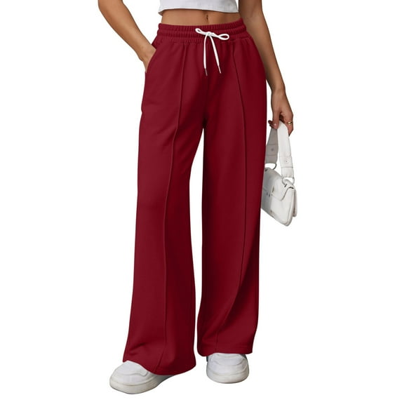 Titcea Wide Leg Pants Women Solid Color High Waist Elastic Drawstring Sweatpants, Fall Winter Outdoor Flowy Loose Casual Pants