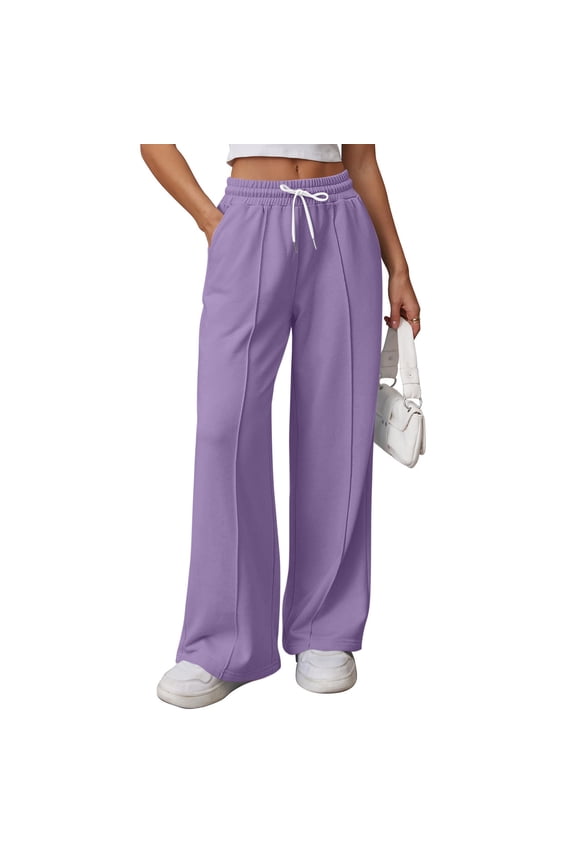 Wide Leg Pants Women Solid Color High Waist Elastic Drawstring Sweatpants, Fall Winter Outdoor Flowy Loose Casual Pants