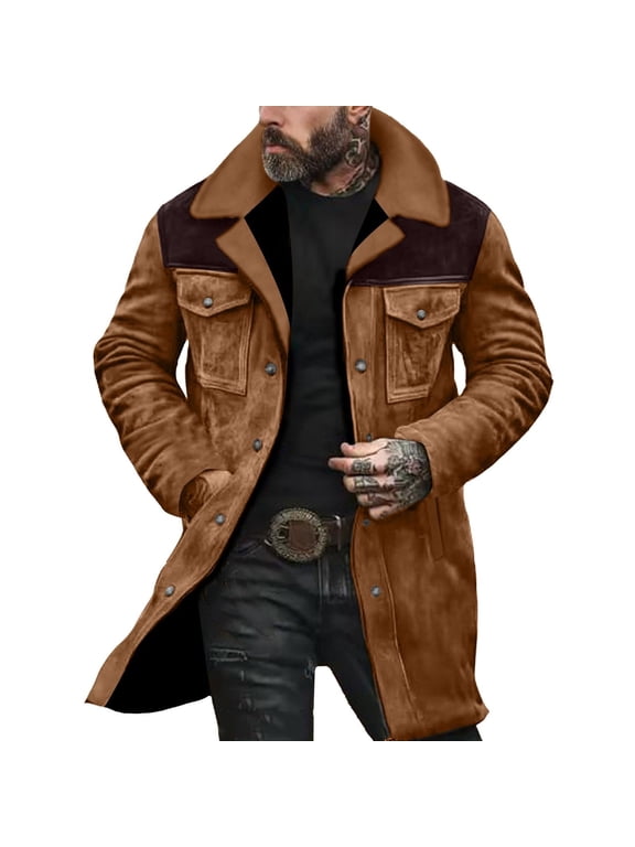 Winter Coats for Men, Winter Warm Fleece Lined Patchwork Print Buttons Turndown Thickened Jackets with Pockets, Outdoor Cowboy Jacket S-3XL