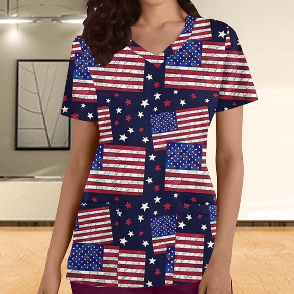 Titcea Women Nursing Scrub Tops Independence Day Patriotic Printed Working Uniform Short Sleeve V Neck Workwear Blouse T-shirt with Pockets, Gifts for Mom/Her