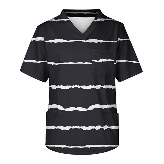 Titcea Women Nursing Scrub Tops Wave Stripe Printting Short Sleeve V Neck Working Uniform Blouse T Shirts Have Split Workwear With Three Pockets