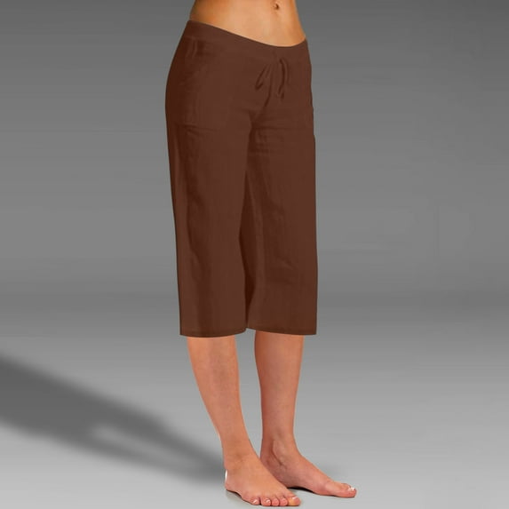 Titcea Womens Capris for Summer Solid Color Elastic Waisted Cotton Linen Drawstring Hawaiian Beach Holiday Casual Pants with Pockets, Gifts for Mom/Her