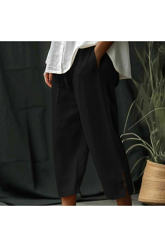 Womens Capris for Summer Solid Color Elastic Waisted Cotton Linen Drawstring Pants Side Split Loose Casual Pants with Pockets, Gifts for Mom/Her