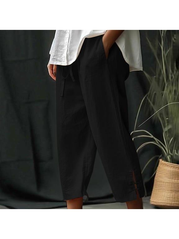 Womens Capris for Summer Solid Color Elastic Waisted Cotton Linen Drawstring Pants Side Split Loose Casual Pants with Pockets, Gifts for Mom/Her