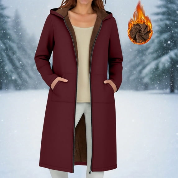 Titcea Womens Fleece Zip Up Jacket, Warm Lining Long Hoodie with Pockets Windproof Hooded Casual Winter Coat