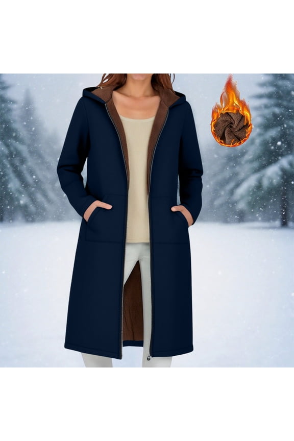 Womens Fleece Zip Up Jacket, Warm Lining Long Hoodie with Pockets Windproof Hooded Casual Winter Coat