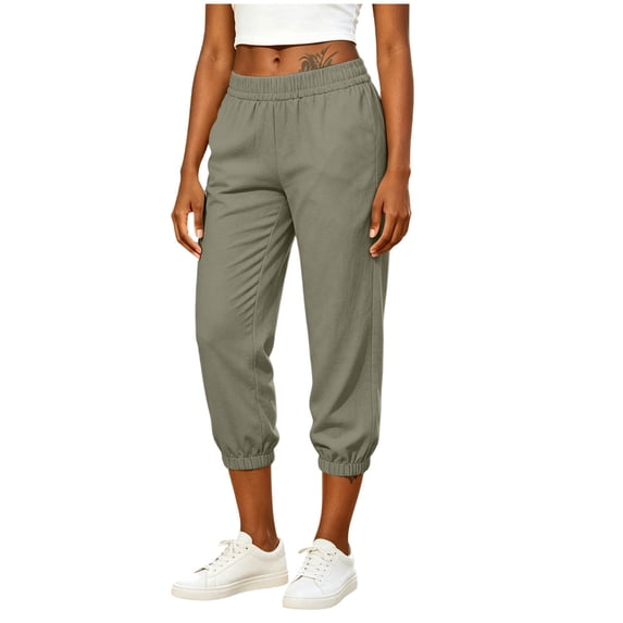 Hvogkswy Womens Linen Pants Solid Color Elastic High Waisted Pants with Pockets Soft Comfy Lightweight Breathable Summer Casual Vacation Beach Pant