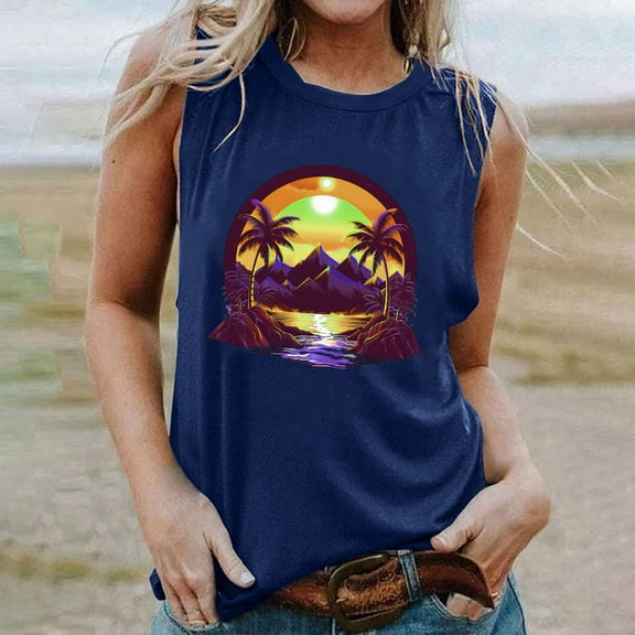 Titcea Womens Tank Tops Palm Tree Printed Round Neck Sleeveless Graphic Tees Beach Holiday Travel Workout Tank Tops