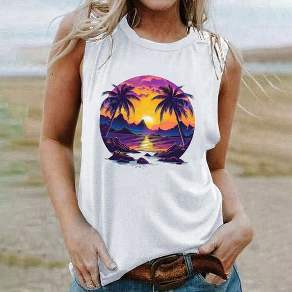 Titcea Womens Tank Tops Palm Tree Printed Round Neck Sleeveless Graphic Tees Hawaiian Beach Holiday Casual Summer Tops