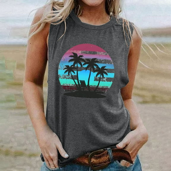 Titcea Womens Tank Tops Palm Tree Printed Round Neck Sleeveless Summer Tops Hawaiian Beach Travel Casual Graphic Tees