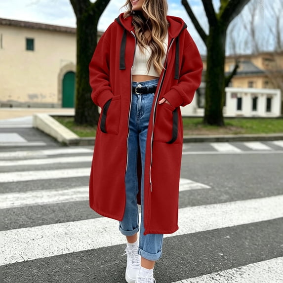 Titcea Zip Up Hoodies for Women Fleece Long Drawstring Solid Color Hooded Sweatshirt with Pockets Home Daily Warm Comfy Casual Fall Winter Sweatshirts S-3XL