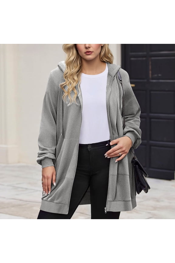 Zip Up Hoodie Women, Lightweight Jacket Drawstring Long Hoodies with Pockets Solid Color Warm Comfy Casual Winter Coat