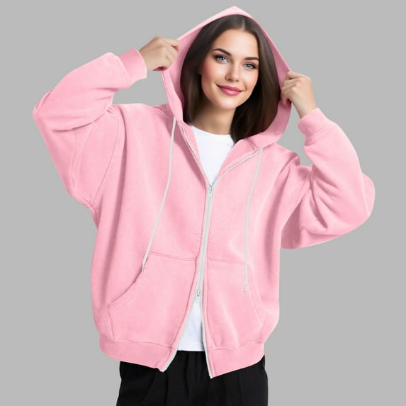 Titcea Zip Up Hoodie Women, Solid Color Pocket Drawstring Oversized Sweatshirt with Two Way Zipper, Warm Comfy Lightweight Casual Jackets