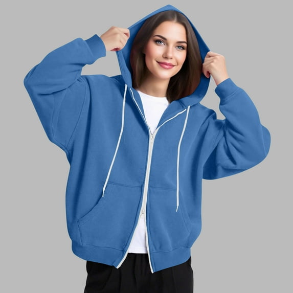 Titcea Zip Up Hoodie Women, Solid Color Pocket Drawstring Oversized Sweatshirt with Two Way Zipper, Warm Comfy Lightweight Casual Jackets