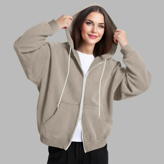 Titcea Zip Up Hoodie Women, Solid Color Pocket Drawstring Oversized Sweatshirt with Two Way Zipper, Warm Comfy Lightweight Casual Jackets