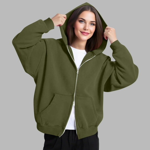 Titcea Zip Up Hoodie Women, Solid Color Pocket Drawstring Oversized Sweatshirt with Two Way Zipper, Warm Comfy Lightweight Casual Jackets
