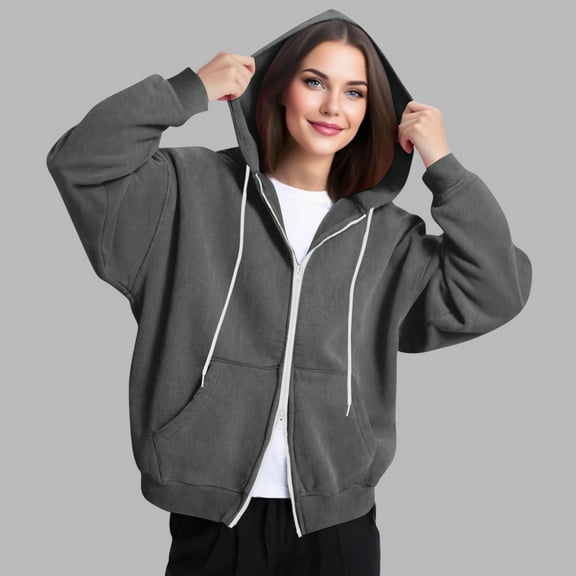 Titcea Zip Up Hoodie Women, Solid Color Pocket Drawstring Oversized Sweatshirt with Two Way Zipper, Warm Comfy Lightweight Casual Jackets