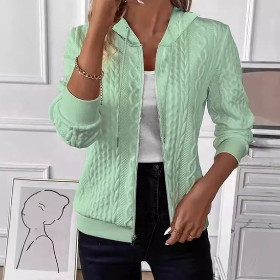 Titcea Zip Up Hoodies for Women Cable Knit Drawstring Solid Color Cardigans Home Daily Loose Comfy Casual Sweatshirts S-2XL