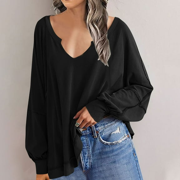 Titcea blouses for Women Oversized Lightweight Solid Color Crew Neck Long Sleeve Flowy Irregular Hem Tops Loose Comfort Casual Top