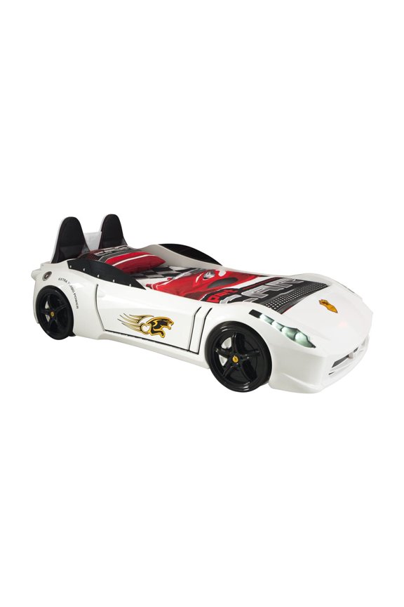Modern Wood TT Twin Race Car Bed with Remote Control in White