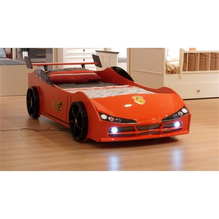 Titi Racer Modern Woody Twin Race Car Bed with LED Headlights in