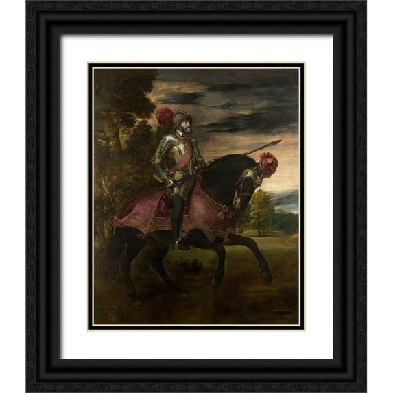 Titian 12x14 Black Ornate Wood Framed with Double Matting Museum Art Print Titled - Equestrian Portrait of Charles V