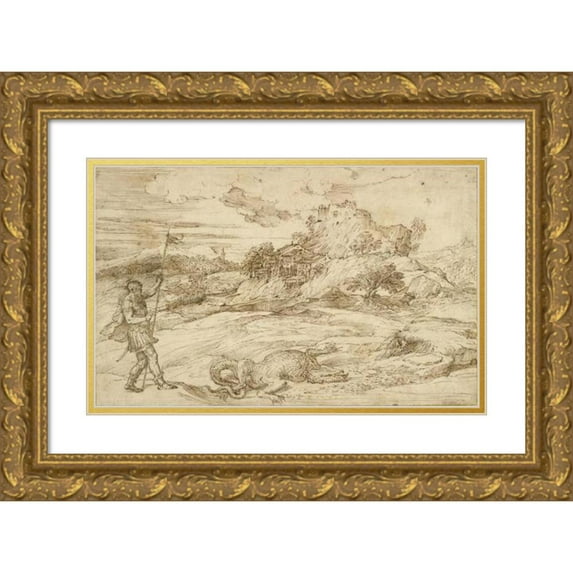 Titian 24x17 Gold Ornate Framed and Double Matted Museum Art Print Titled - Landscape with St. Theodore Overcoming the Dragon (1550-1559)