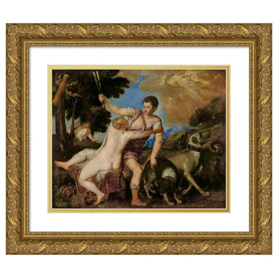 Titian 24x20 Gold Ornate Framed and Double Matted Museum Art Print Titled - Venus and Adonis (1555-1560)