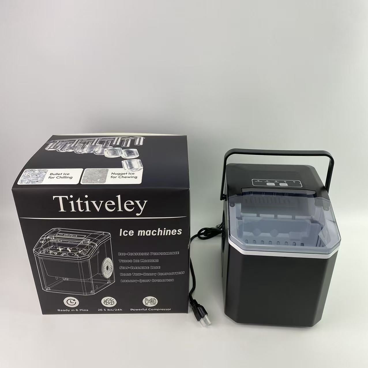Titiveley Ice cube making machines,Countertop Ice Maker Machine with Handle, 26lbs Per Day, 9 Ice Cubes Ready in 6 Mins (White)