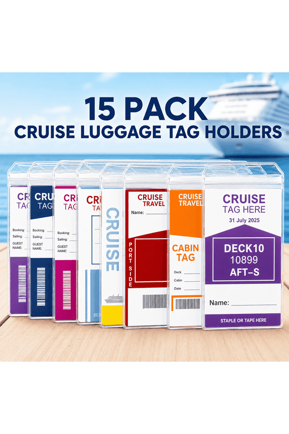 15 Pack Cruise Luggage Tag Holders, Waterproof Clear Cruise Ship Tag Holder Sleeves with Steel Wire Loops, Reusable Zip Seal Luggage Tags for Carnival, NCL, MSC, Princess & More  **Key Poi