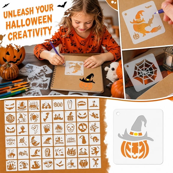 Title: Halloween Stencils for Painting, Reusable Stencils for Crafts with Hanging Holes, 57-Piece Square Stencils for Halloween Party Favors