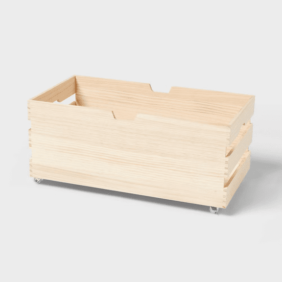 Title Large Wood Storage Bin with Wheels, Open Top Slatted Design, 3289 cu in, 24 x 12.75 x 10.75 in