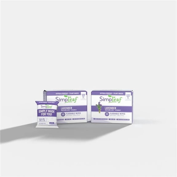 Simpleaf Flushable Lavender Single Pack Wet Wipes | Paraben & Alcohol Free | Hypoallergenic & Safe for Sensitive Skin | Soothing Aloe Vera Formula | (30 x 2 Single Pack Wipes) 60 Counts Total