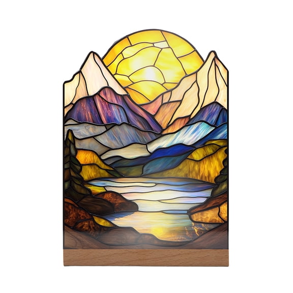 Title: Sunset Mountain River Acrylic Plaque Table Decor Stained Glass Style Landscape Ornament for Home Office Desk