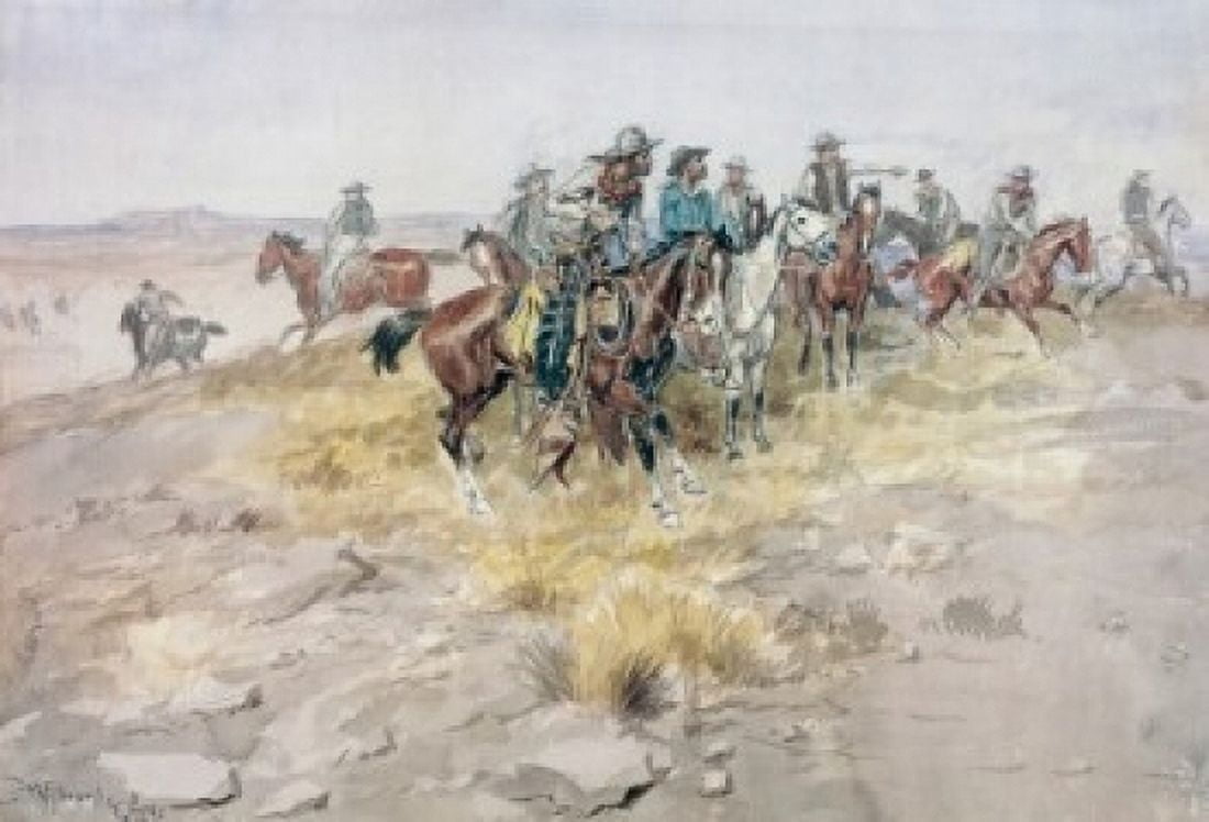 Title Unknown (Cowboys) Charles Marion Russell (1864-1926 American) Canvas Art - Charles Marion Russell (24 x 36)