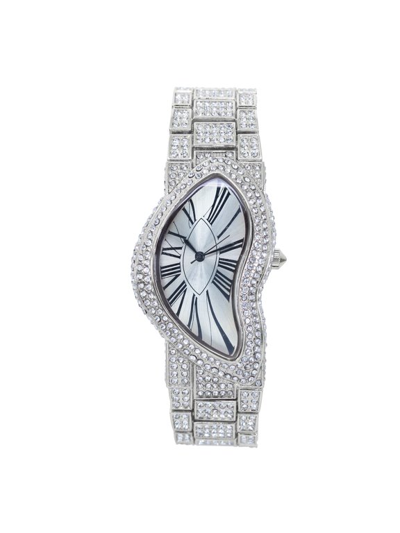 Men’s 30mm Fully Iced-Out Watch – Asymmetrical Dial with Simulated Stones, Quartz Movement – Luxury Gift for Him - Silver