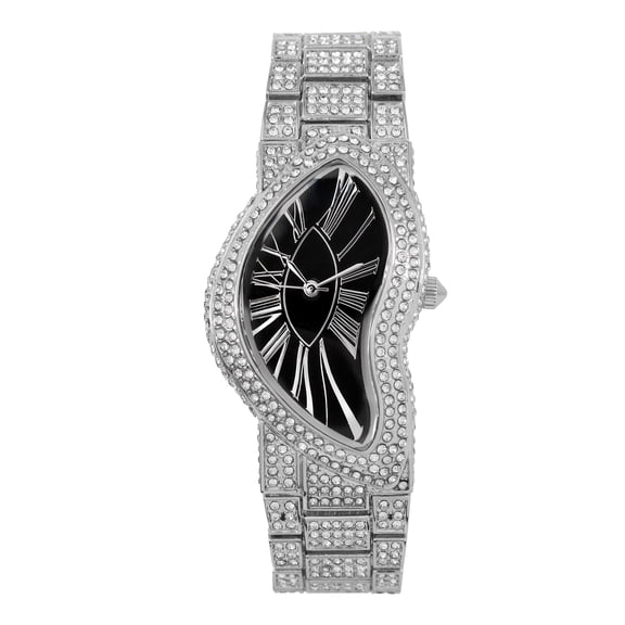 Men’s 30mm Fully Iced-Out Watch – Asymmetrical Dial with Simulated Stones, Quartz Movement – Luxury Gift for Him - Silver Black