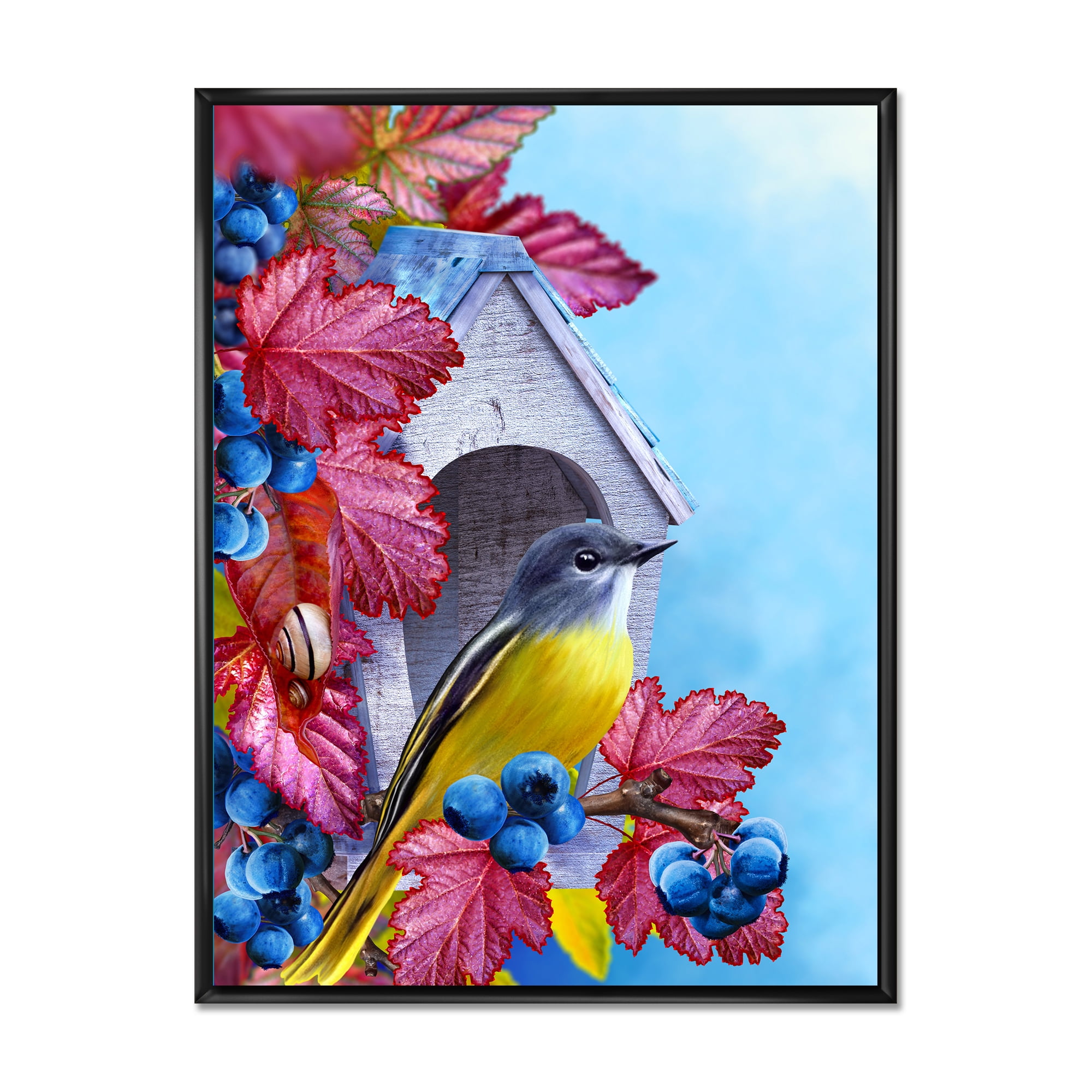 Titmouse Bird Sitting On A Berries Branch Near A Birdhouse 24 in x 32 in Framed Painting Canvas Art Print, by Designart