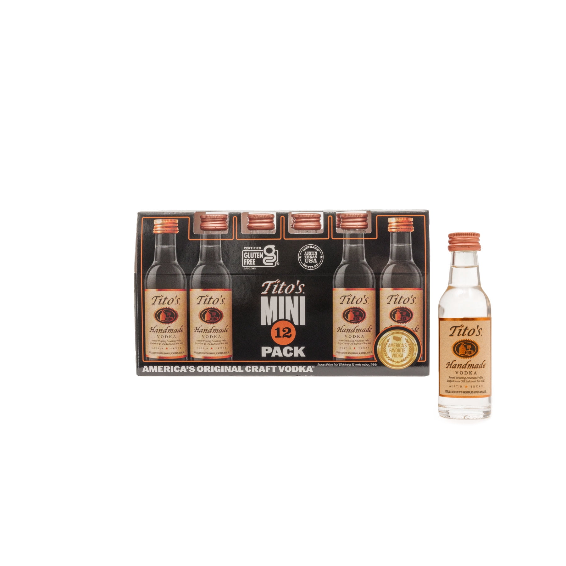 Tito's Handmade Vodka, 12 Pack 50 ml Bottles, 40% ABV, Unflavored