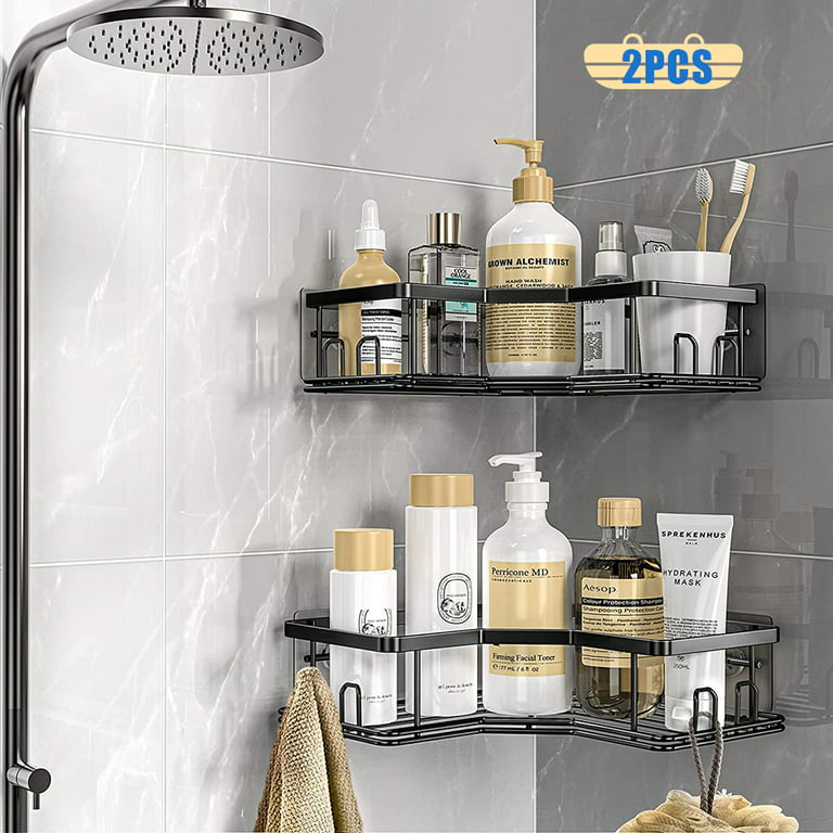 2 Pack Shower Wall Shelf Stainless Steel Matte Black Shower Caddy with 10  Hooks