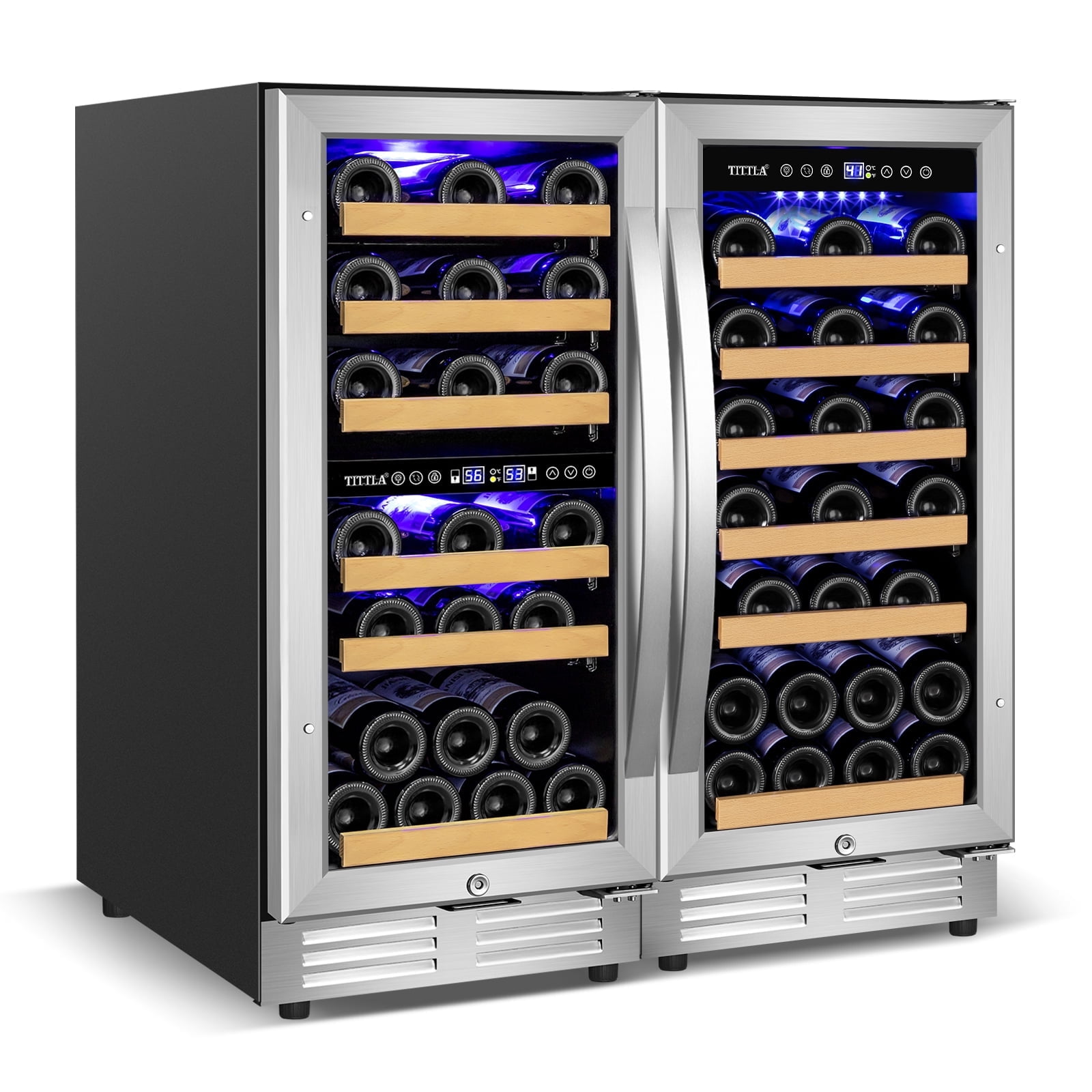 Tittla 15 Inch Dual Zone Wine Cooler and 15 Inch Single Zone Wine Cooler 60 Bottle with Upgraded Compressor Under Counter or Freestanding Low Noise