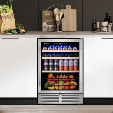 Tittla 24 Inch Beverage Refrigerator Cooler,180 Cans,With Basket And Reversible Hinge,Under Counter Beer Cooler with Glass Door,Silver