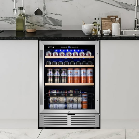 Tittla 24'' Beverage Refrigerator Cooler,180 Cans,Built in,37°-65°F, Low Noise Energy Saving for Beer and Soda or Fruit, Silver