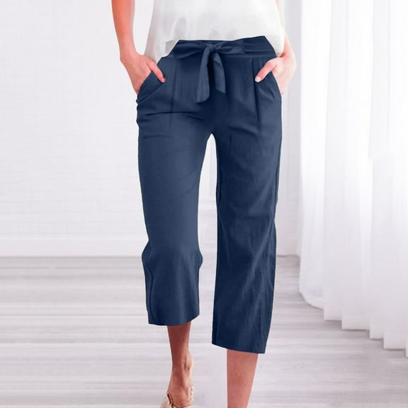 Tittly Baggy Pants Capri Pants for Women Pants For Women Cotton Linen Casual Summer 2025 Straight Wide Leg Loose Drawstring Elastic Waist Cropped Trouser Comfy Pants Women Sweatpants Women Navy S