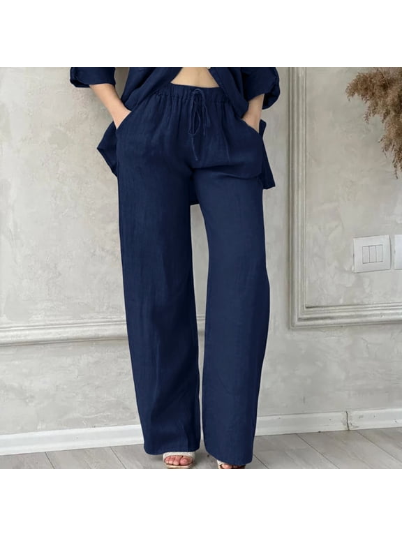 Baggy Pants Women's Pants Womens Daily Elastic Waist Pockets Straight Solid Color Casual Pants Loose Long Trousers Lounge Pants Women Comfy Pants Women Navy XXL