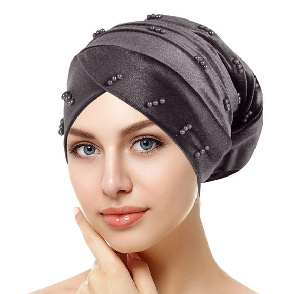Tittly Bandanas for Women Head Scarf Womens Large Elastic Solid Color Comfortable Flat Hat Pearl Cap Nail Bead Pile Cap Bandana Turbans for Women Grey One Size