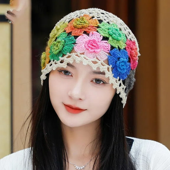 Tittly Beanie Winter Hats Vintage Handmade Embroideried Cotton Crochet Knit Hollow Out Floral Knit Hat Running Hat Hats for Women Beige One Size