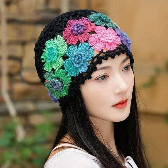 Tittly Beanie Winter Hats Vintage Handmade Embroideried Cotton Crochet Knit Hollow Out Floral Knit Hat Running Hat Hats for Women Black One Size
