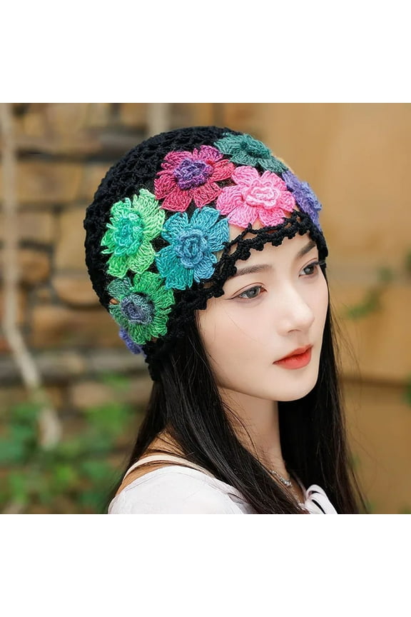 Beanie Winter Hats Vintage Handmade Embroideried Cotton Crochet Knit Hollow Out Floral Knit Hat Running Hat Hats for Women Black One Size