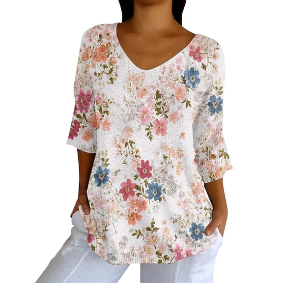 Tittly Boho Tops for Women, 3/4 Sleeve Shirts for Women Dressy Tunic Tops Casual Wear with Floral, Work Blouses for Women, 3/4 Length Sleeve Womens Tops Blue S